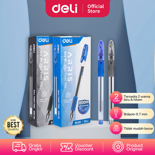 Deli Ballpoint Pen / Pulpen 0.7mm Tinta Hitam&Biru Isi 12pcs/box EQ55