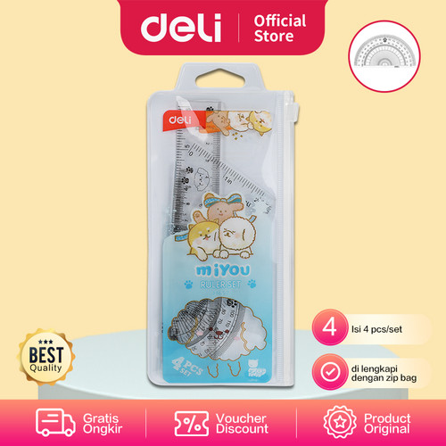 Deli Ruler Set / Set Penggaris Isi 4pcs Zip Bag Design Miyou EH657