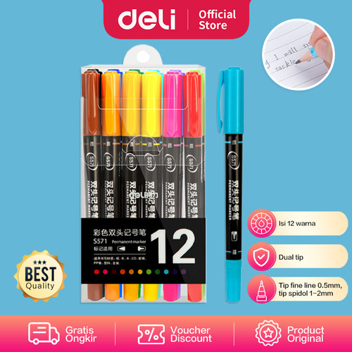 Deli Fine Liner / Spidol Berwarna Dual Tip 0.5-1.0mm Isi 12Warna S571