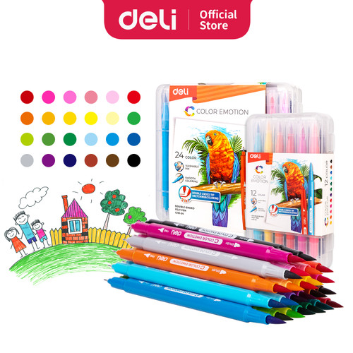 Deli Felt Pen / Spidol 2 Ujung 12/24 Warna Kemasan Kotak EC151