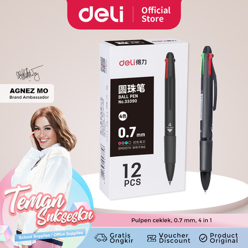 Deli pulpen cetek warna-warni empat warna 0.7mm pulpen pelajar 33390