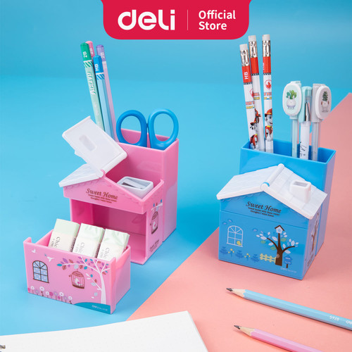 Deli E9138 Pulpen stand-PS House Desk Organizer 3 Comp Pink Blue