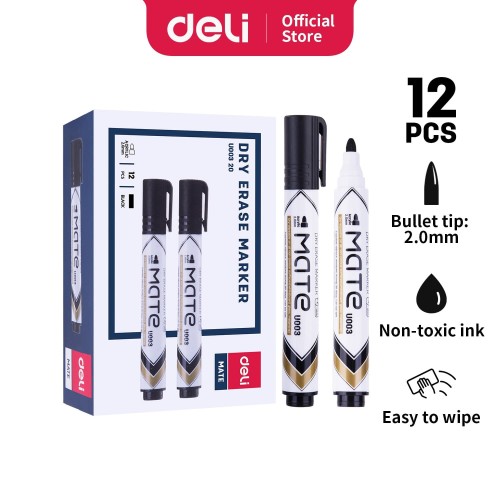 Deli EU00320 (BOX) Dry Erase Marker/Spidol Whiteboard-Hitam 12 Pcs