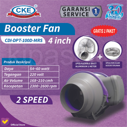 Inline Duct Booster Fan Plastik 4" Inch Kipas Hisap Ventilasi 2 Speed