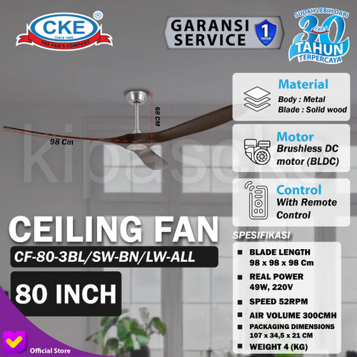 Kipas Angin Gantung Plafon Kayu 80 Inch Ceiling Fan Hias 80" Dark Wood