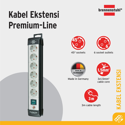 Brennenstuhl Stop Kontak Premium Line extension 6 socket abu-abu 3m