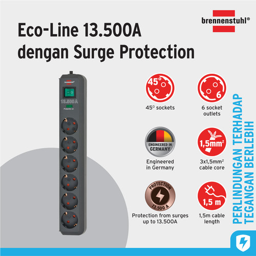 Brennenstuhl Eco-Line 13.500A 6-Soket Surge Protection - 1159710