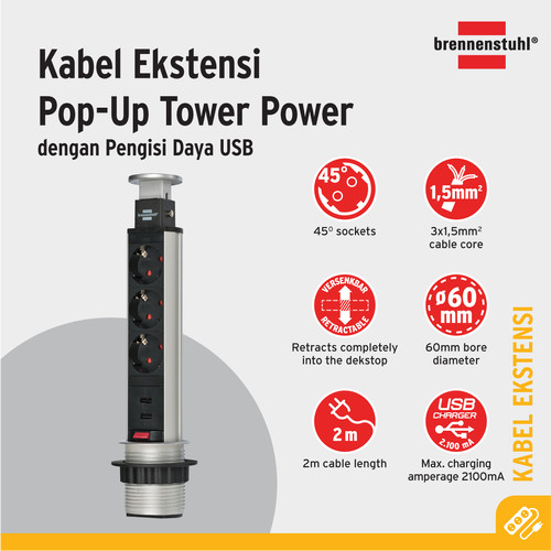 Kabel ekstensi pop up tower Brennenstuhl dengan pengisi daya USB