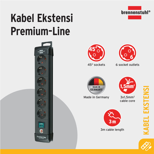 Brennenstuhl Premium-Line 6-Soket Black Stop Kontak - 1951160100