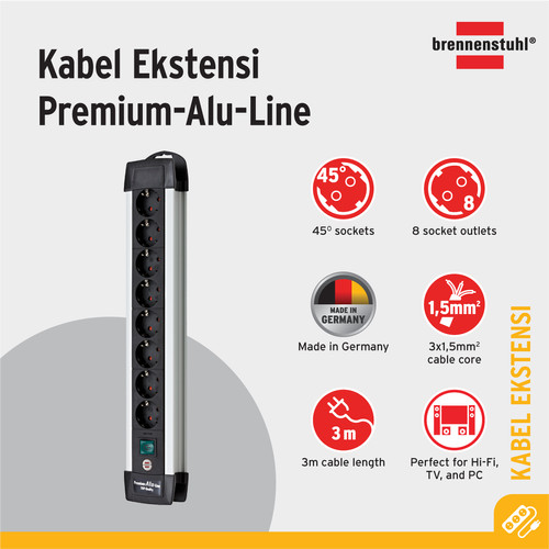 Brennenstuhl Premium-Alu-Line 8-Soket Stop Kontak - 1391000018