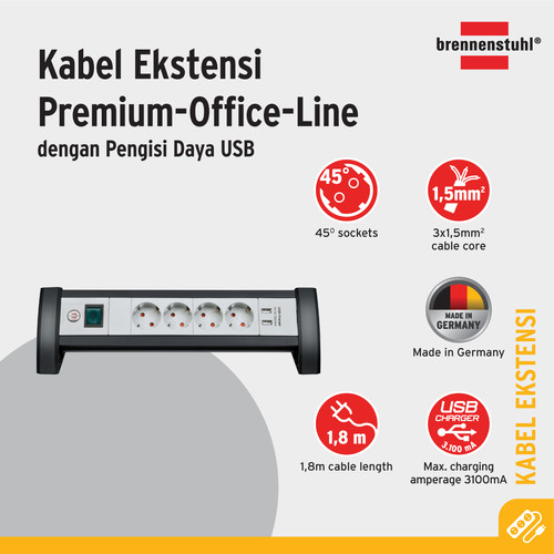 Brennenstuhl Premium-Office-Line 4-Soket+2-USB Stop Kontak -1156250534