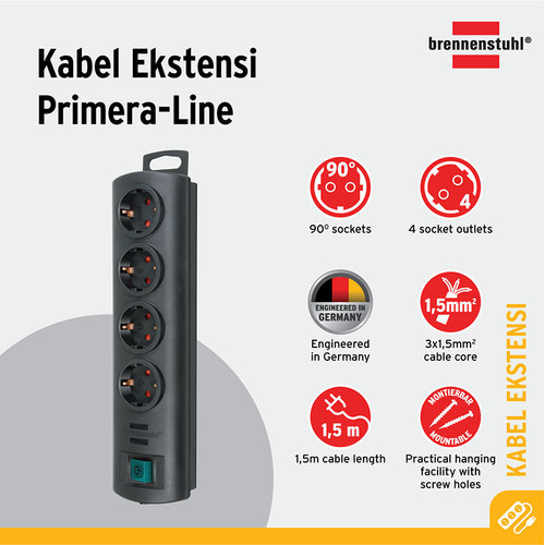 Primera-Line extension socket 4-way black 1,5m H05VV-F 3G1,5