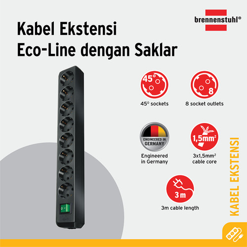 Brennenstuhl Eco-Line Stop Kontak dengan Switch 8-Soket Hitam 3m