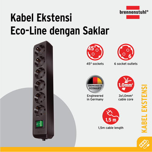 Brennenstuhl Eco-Line Stop Kontak dengan Switch 6-Soket Hitam 1,5m