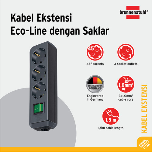 Brennenstuhl Eco-Line Stop Kontak dengan Switch 3-Soket Hitam 1,5m