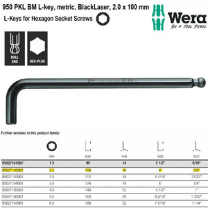 Kunci L Hex-Plus Metric 2.0 x 100 mm Wera 05027102001 Ball Point L-Key