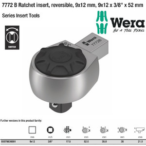 Ratchet Insert 3/8" x 52 mm Wera 05078636001 Reversible 9 x 12 mm