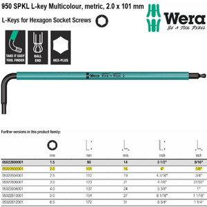 Kunci L Hex-Plus Metric 2.0 x 101 mm Wera 05022602001 Ball Point L-Key