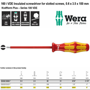 Obeng VDE Minus 0.6 x 3.5 x 100 mm Wera 05006110001 VDE Slotted Screws