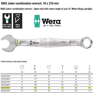 Kunci Ring Pas 18 x 210 mm Wera 05020209001 Joker Combination Wrench