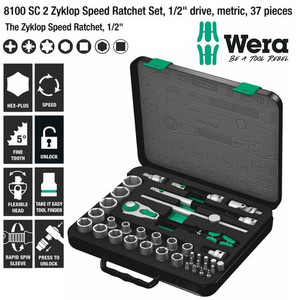 Tool Kit Wera 05003645001 Zyklop Speed Ratchet Set 1/2" Metric 37Pc