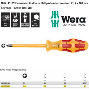 Obeng VDE Plus PH 2 x 100 mm Wera 05051603001 VDE Phillips Screws