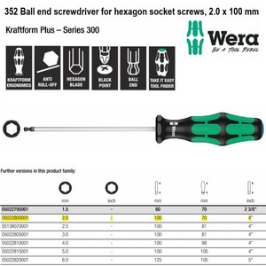 Obeng Ball Hex 2.0 x 100 mm Wera 05022800001 Hexagon Socket Screws