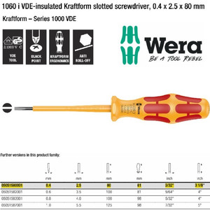 Obeng VDE Minus 0.4 x 2.5 x 80 mm Wera 05051580001 VDE Slotted Screws