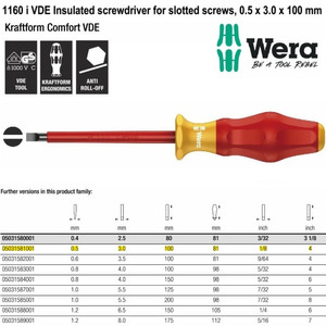 Obeng VDE Minus 0.5 x 3.0 x 100 mm Wera 05031581001 VDE Slotted Screws