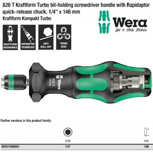 Obeng Turbo Hex 1/4" x 146 mm Wera 05057480001 826 T Kraftform Turbo