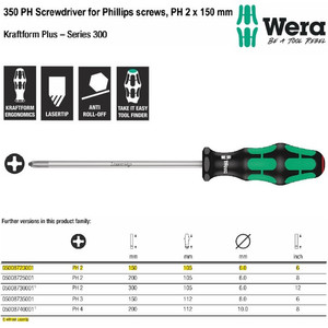 Obeng Plus PH 2 x 150 mm S/Driver for Phillips Screws Wera 05008723001