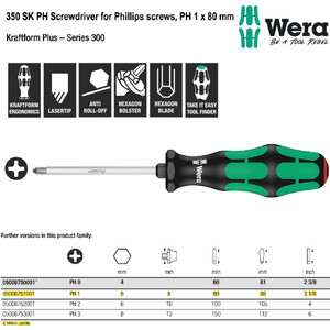 Obeng Plus PH 1x80mm Wera 05008751001 Screwdriver for Phillips Screws