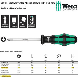 Obeng Plus PH 1 x 80 mm Wera 05008710001 S/Driver for Phillips Screws