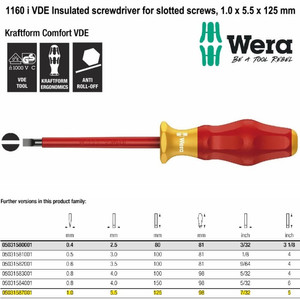 Obeng VDE Minus 1.0 x 5.5 x 125 mm Wera 05031587001 VDE Slotted Screws