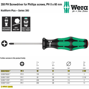 Obeng Plus PH 0 x 60 mm Wera 05008705001 S/Driver for Phillips Screws