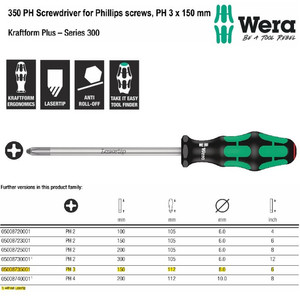 Obeng Plus PH 3x150mm Wera 05008735001 Screwdriver for Phillips Screws