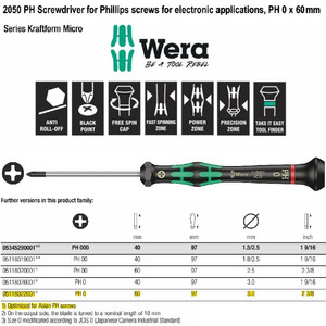 Obeng Plus Mirco PH 0 x 60 mm Wera 05118022001 Phillips Screws