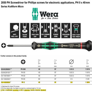 Obeng Plus Mirco PH 0 x 40 mm Wera 05118026001 Phillips Screws