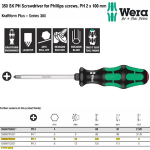 Obeng Plus PH 2x100 mm Wera 05008752001 Screwdriver for Phillips Screw