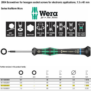 Obeng Hex-Plus Mirco 1.3 x 40 mm Wera 05118064001 Hexagon Socket Screw