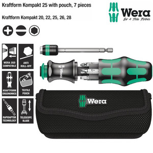 Obeng Bits Set Wera 05051024001 Kraftform Kompakt 25 With Pouch, 7 Pc