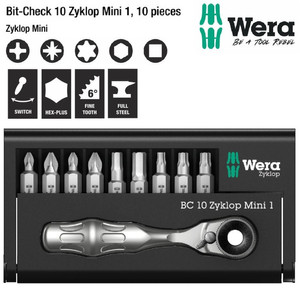 Obeng Bit Ratchet Set Wera 05073645001 Bit-Check 10 Zyklop Mini 1,10Pc