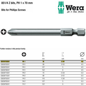 Mata Obeng Plus PH 1 x 70 mm Bits for Phillips screws Wera 05059755001