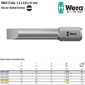 Mata Obeng Minus 1.2 x 8.0 x 41 mm Wera 05057225001 Bit Slotted Screws