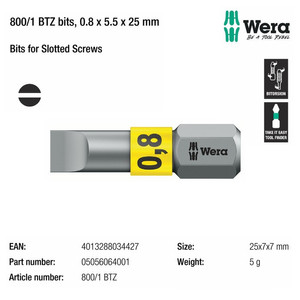 Mata Obeng Minus 0.8 x 5.5 x 25 mm Wera 05056064001 Bit Slotted Screws