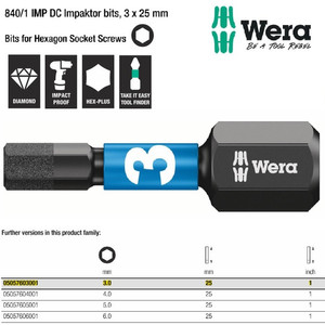 Mata Obeng Impaktor Hex 3 x 25 mm Wera 05057603001 Hexagon Bits