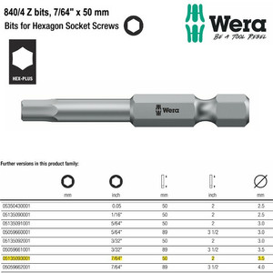 Mata Obeng Hex 7/64" x 50 mm Wera 05135093001 Bits for Hexagon Screws