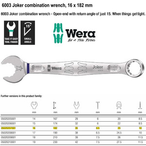 Kunci Ring Pas 16 x 182 mm Wera 05020207001 Joker Combination Wrench