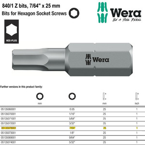 Mata Obeng Hex 7/64" x 25 mm Wera 05135078001 Bits for Hexagon Screws