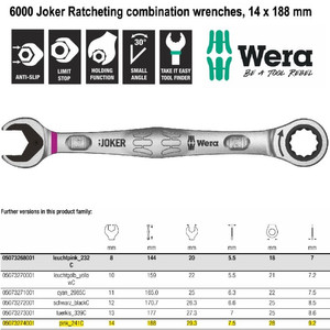 Kunci Ring Pas Ratchet SW 14 x 188 mm Wera 05073274001 Joker